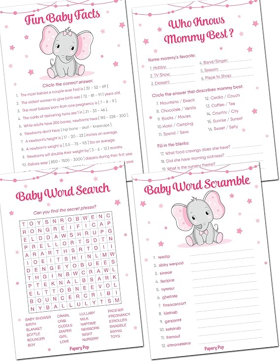 Papery Pop Baby Shower Games for Girl - Set of 4 Games for 30 Guests - Double Sided Cards - Baby Shower Supplies - Elephant