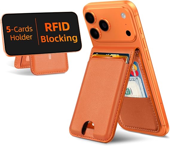 for MagSafe Wallet Stand with Money Pouch, 6-Cards Holder, RFID Blocking | Stronger Magnetic Wallet for iPhone 12-17 Series, ID Window, 3 Slot, Orange