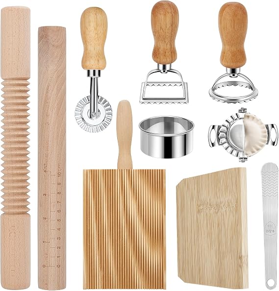 10 PCS Pasta Making Tools with Ravioli Stamp Cutters, Gnocchi Board, Wooden Rolling Pin & Dumpling Maker Pasta Making Kit for Dumplings and Ravioli