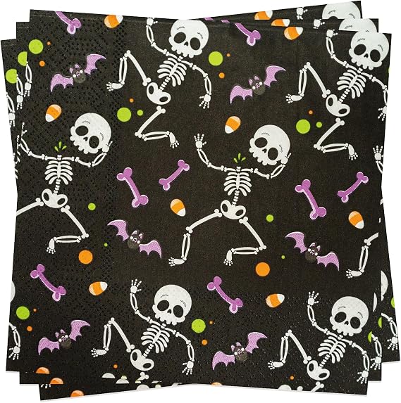 Halloween Party Napkins, Black Skeleton 13in Disposable Paper Napkins, Beverage Napkins 80 Count for Kids Halloween, Costume Party Supplies Table Decorations