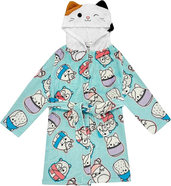 Squishmallows Girls Fleece Kids Hooded Robe - Super Soft Plush Kids Spa Bathrobe with Pockets, Sizes 6-12 - Official Product