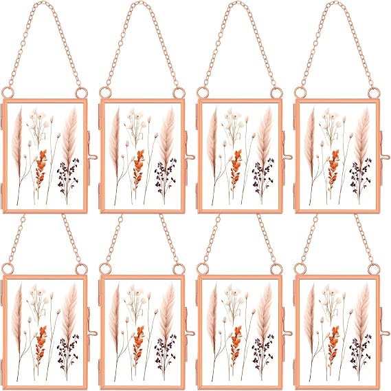 Landhoow 8 Pcs Double Glass Frame 3.5x2.5 Hanging Metal,Rose Gold | Floating Display for Pressed Dried Flowers, Vertical Frames with Chain, Metal Holders for Christmas DIY Craft