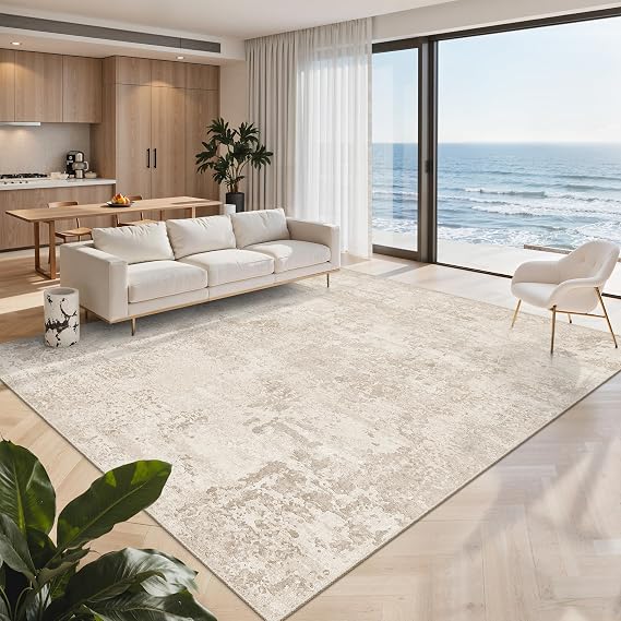 Washable Rugs 5x7, Abstract Large Beige Area Rugs for Living Room