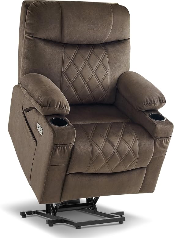 MCombo Small Size Triple Motor Power Lift Recliner Chair Sofa with Massage and Dual Heating, Adjustable Headrest for Elderly People Petite, USB Ports, Extended Footrest, Fabric 7222 (Coffee)