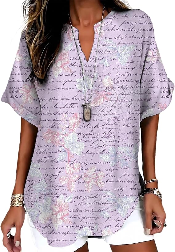 MARSVOVO Summer Trendy Split V Neck Rolled Short Sleeve Tunic Top for Women