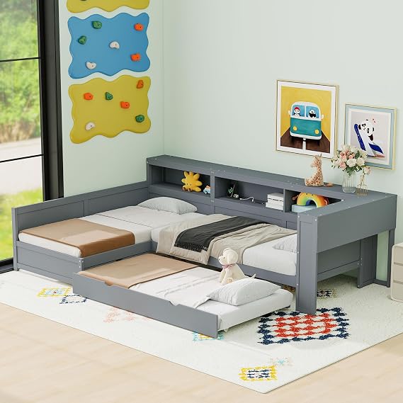 Twin Size Daybed, Wood Twin Size L-Shaped Platform Bed with Trundle and a Drawer, Gray
