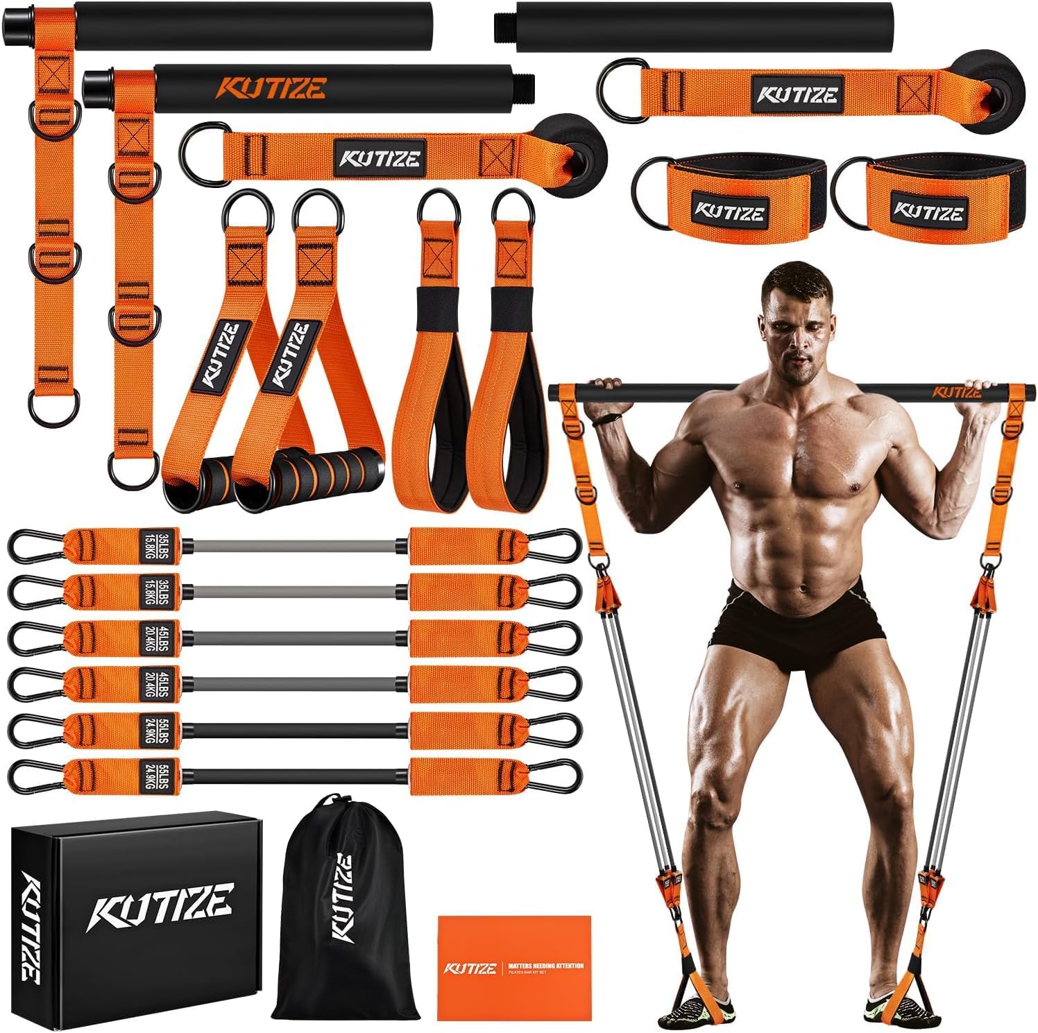 Pilates Equipment, Heavy Duty Pilates Bar Kit with Resistance Bands for Men, Strength Training Bar for Legs, Hip, Waist Back, Arm, Abs, Chest, Shoulders, Portable Home Gym Full Body Workout Equipment