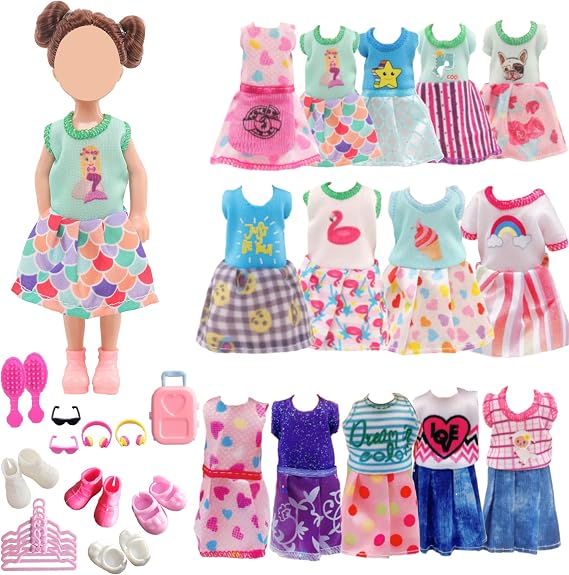 Doll Clothes and Accessories for Chelsea Dolls, 29 Pcs 6 Inch Doll Clothes Including 14 Fanshion Dress,5 Hangers,4 Shoes,2 Glasses, 2 Comb,1 Luggage 1 Earphone