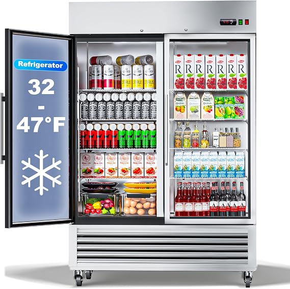 48" W Commercial Display Refrigerator 2 Glass Door Merchandiser Reach-in 49 Cu.ft Stainless Steel Display Refrigerator Fan Cooling for Restaurant, Office, Shop, Bar,