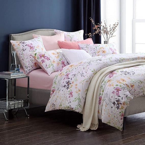 Brandream Floral Bedding Set King Size Duvet Cover Set 100% Soft & Luxurious Egyptian Cotton 800 Thread-Count 3 Piece Blossom Flower Print -White Pink Purple
