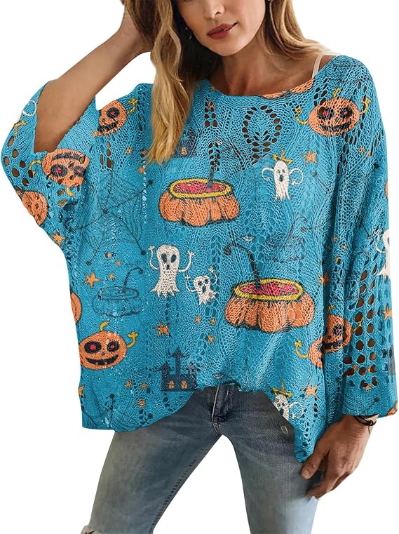 Women's Halloween Crochet Pumpkin Sweaters Oversized Long Sleeve Knit Pullover Tops Bat Witch Festive Costumes