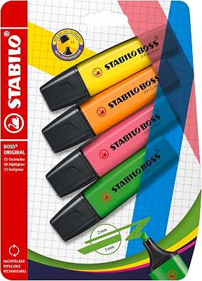 STABILO Highlighter BOSS ORIGINAL - Pack of 4 - Green, Pink, Orange, Yellow