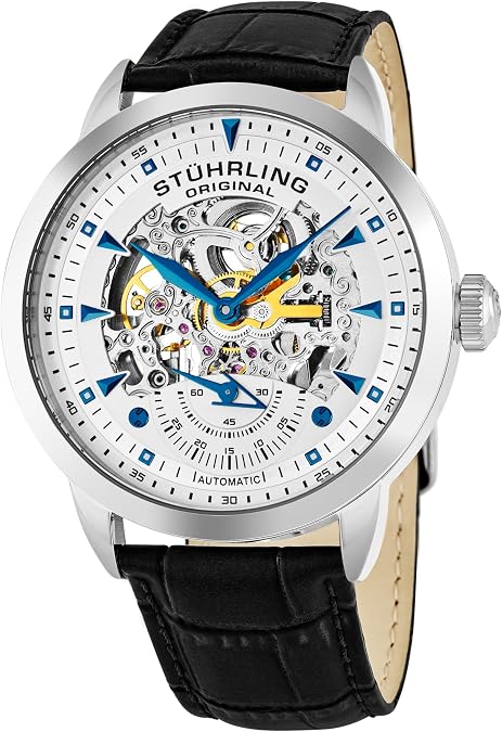 Stuhrling Original Mens Automatic Skeleton Watch - Leather Strap, Mechanical Executive Watch
