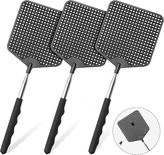 HDAJY Telescopic Fly Swatter 3 Pack, Premium Plastic Fly Swatter, Flyswatters Heavy Duty, Stainless Steel Handle(Black)