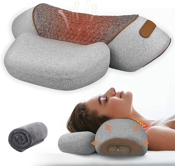 Thera Massage Pillow Neck Hump 3-in-1 Neck Massager Pillow with Heat, Deep Tissue Relief & Neck Traction, Cervical Support & Hump Corrector for Women and Men, Memory Foam Support(Grey)