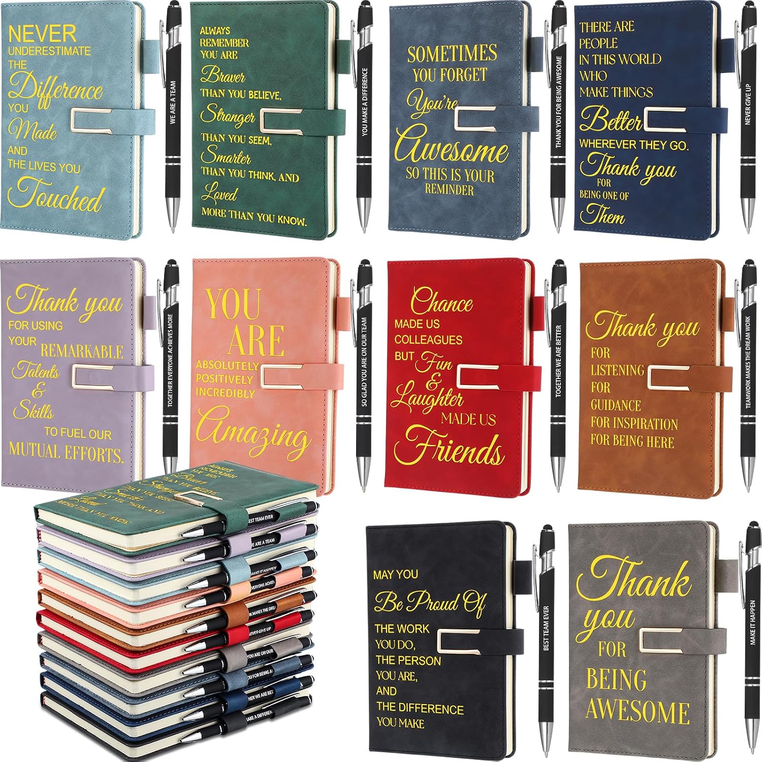 Chuangdi 20 Pcs Employee Appreciation Gift Bulk A5 Leather Thank You Gifts 10 Inspirational Notebook and 10 Motivational Metal Ballpoint Pen for Teacher Nurse Coworker Staff Worker CNA Week