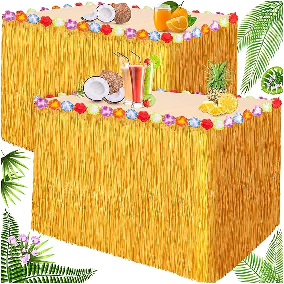 2 Pack Luau Grass Table Skirts, Hawaiian Style Grass Skirts, 9FT x 2.4FT