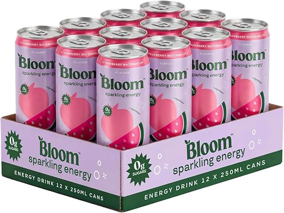 Bloom Nutrition Sparkling Energy Drink Strawberry Watermelon 250ml (12 Pack) | Zero Sugar Energy Drink with 80mg Natural Caffeine, Vitamins C, B3 & B5 | Low Calorie and Multivitamin Energy Drink