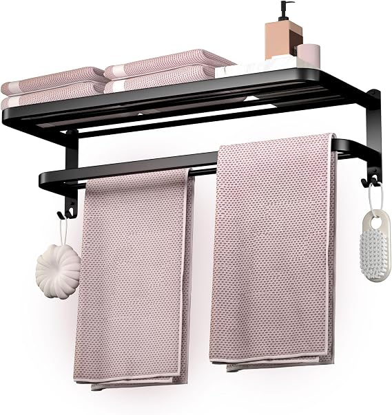 Bathroom Towel Rack Towel Shelf with Double Towel Bars Lavatory Wall Mount Holder with Hooks Stainless Steel Hotel Bath Rack (Matte Black 24 inches)