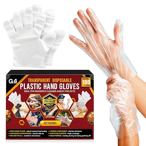G4GADGET 100Pcs Disposable Plastic Gloves – Food Safe, Clear Polyethylene Gloves for Kitchen, Cooking, Cleaning, Food Handling, Medical & Household Use – One Size Fits Most