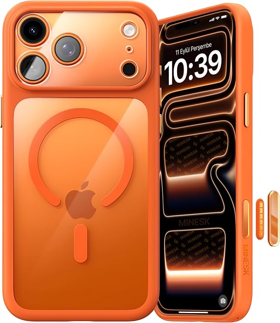 Minesk iPhone 17 Pro Max için Özel Geliştirilmiş Kamera Çerçevesini de Koruyan, Arkası Şeffaf Polikarbonat Kenarları Silikon Magsafe ile Uyumlu Kılıf Akıllı Tasarım Kapak (Turuncu, 17 Pro Max)