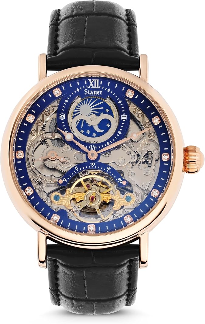 Stauer Men's Automatic Skeleton Open Heart Watch 46mm Rose Gold-Finished Case with Sun & Moon Phase, Black Leather Strap, Elegant Dress Watch