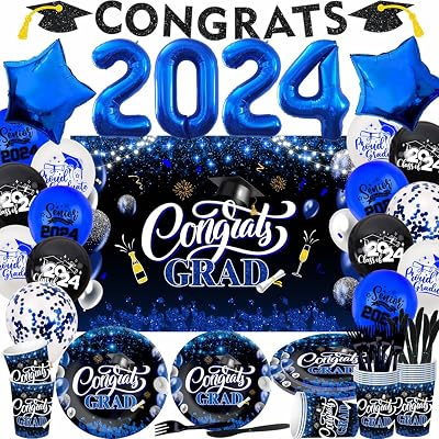 2022 Graduation Decorations-102Pcs Graduation Party Supplies Included Congrats Grad Backdrop,Graduation Banner, Balloons and Tableware Blue