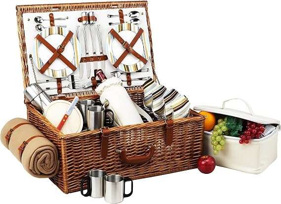 Picnic at Ascot Dorset English-Style Willow Picnic Basket with Service for 4, Coffee Set and Blanket - Santa Cruz