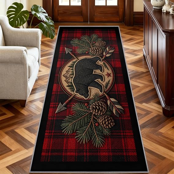 Plaid Runner Rug 1'6" x 6', Bear Pinecone Hallway Runner, Wildlife Print Rugs for Entryway, Washable Rugs Non Slip Carpet for Rustic Lodge Home Decor Low Pile Design