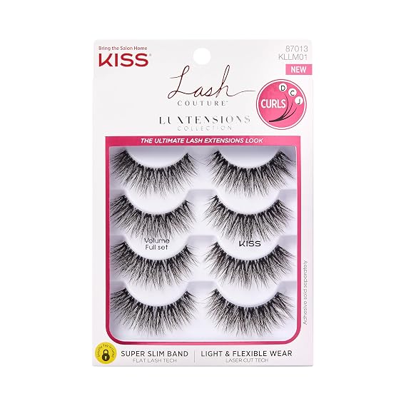 Kiss Lash Couture Luxtensions Collection False Eyelashes Multipack,#39;Volume Full Set', 14 mm, Super Slim Band, Light & Flexible Wear, Flat Lash & Laser Cut Technology, Includes 4 Pairs of Strip Lashes