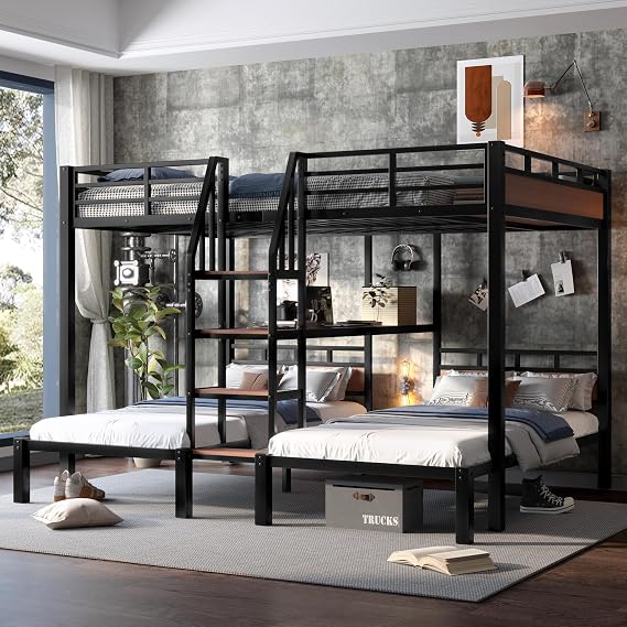 KEIKI Queen Over Twin Over Twin Metal Bunk Bed with Storage Shelves and Stairs, Triple Decker Bunk Bed Frame, Space Saving Heavy Duty Bed with Desk Shelf for Kids Teens Adults, Black