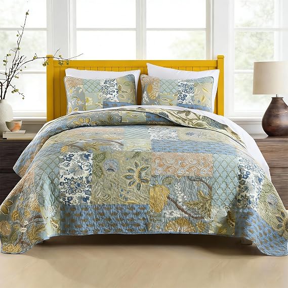 WINLIFE Cotton Quilt Set Queen Size Patchwork Bedspread Boho Green Floral