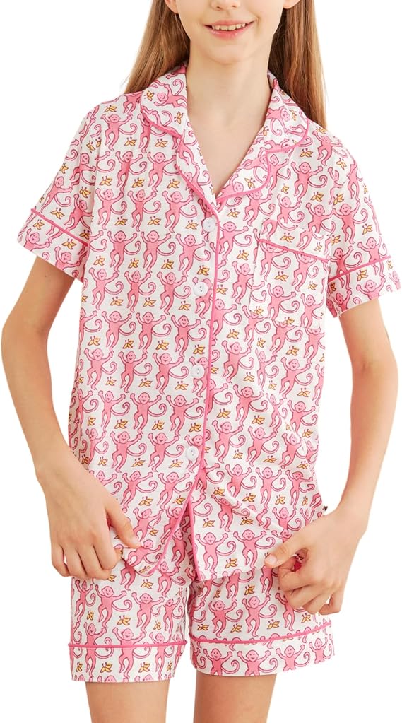 Girls Pajamas Sets, Kids Monkey Button Down Sleepover Loungewear