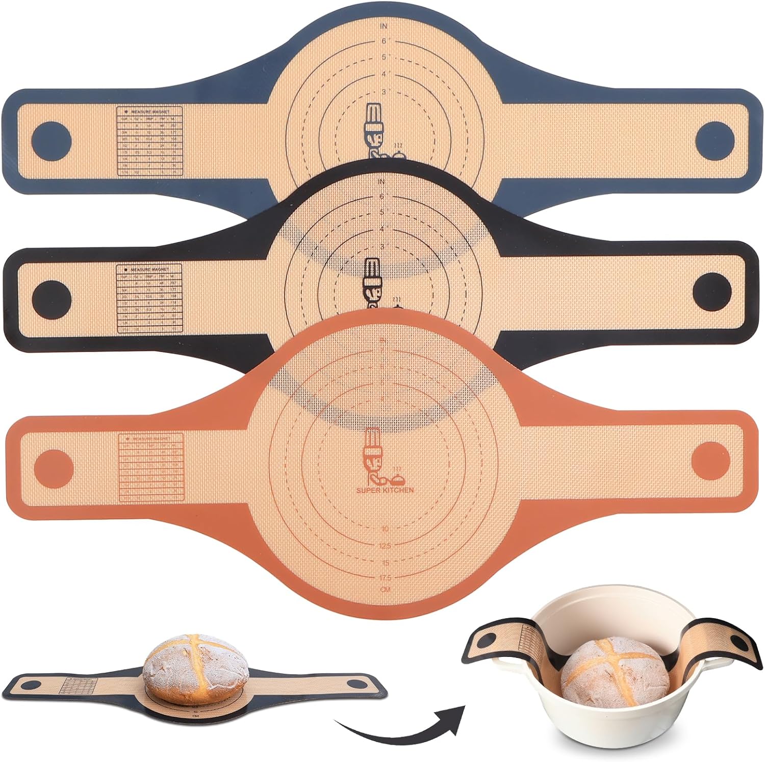 SUPER KITCHEN 3PCS 2-Size 24cm&21cm Silicone Bread Sling for Dutch Oven with Extra Wide and Long Handles, Non Stick Sourdough Sling for Transfer Sour Dough, Bread Mat for Baking(Black,Dark Grey,Brown)