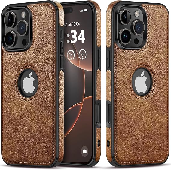 Unique Design Luxury Leather Business Phone Case for iPhone 16 Pro Anti-Slip Scratch Resistant Ultra Slim Protective Case (2024,6.3) (Brown)