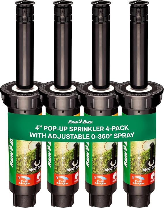 Rain Bird 1804VAN 1800 Series Professional - 4 Inch Pop Up Sprinkler Head | 4 Pack, Lawn Sprinkler with Adjustable 0-360 Degree Arc Nozzle Pattern, Up to 15 Ft Spray Distance, 1/2in NPT Threaded Inlet