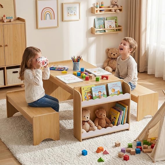 Kids Table and Bench Set, Montessori Kids Table and Chair Set, Indoor Wooden Toddler Activity Table with Bookshelves, 37X22 Desktop, Children Desk for Home, Classroom, Boys, Girls (Natural)