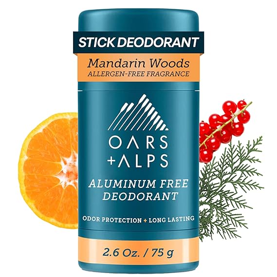 Oars + Alps Aluminum Free Deodorant for Men | Long Lasting Odor Protection, Clear & Free of White Residue, Anti-Chafing Smooth Glide, Dermatologist Tested, Mandarin Woods, 1pk, 2.6oz