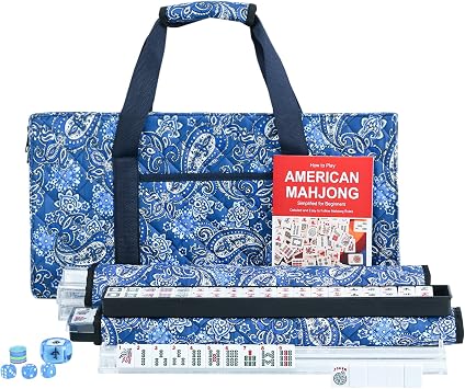 ZGME American Mahjong Set,166 White Tiles with Blue Bag and Accessories,4 Transparent All-in-One Mahjong Racks with Pushers,Complete Mahjong Set