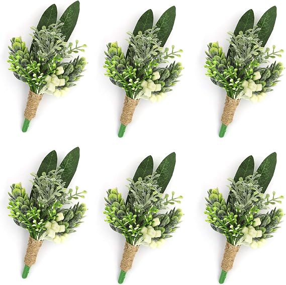 Greenery Boutonniere with Pins for Men Wedding Set of 6 Succulent Plants Boutineers Groom Bride Flowers for Wedding Prom Party Forest Wedding Decorations