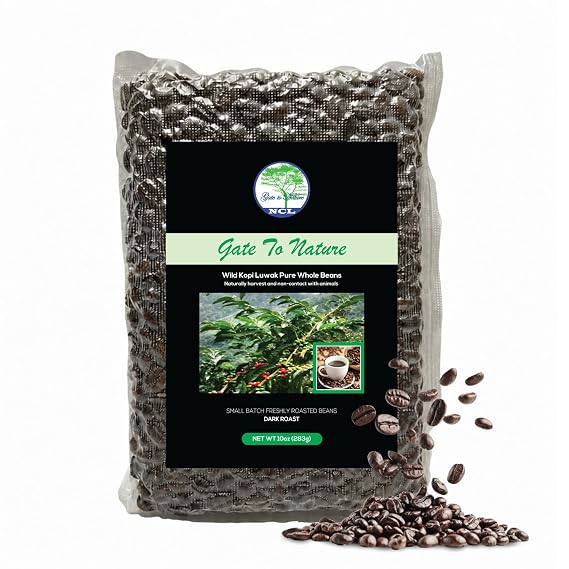 Gate to Nature Kopi Luwak Arabica Beans (Black Label Freshly Made Dark Roast, 10oz clear bag) Wild Civet Whole Beans, Cat Poop Coffee, Luxury Coffee
