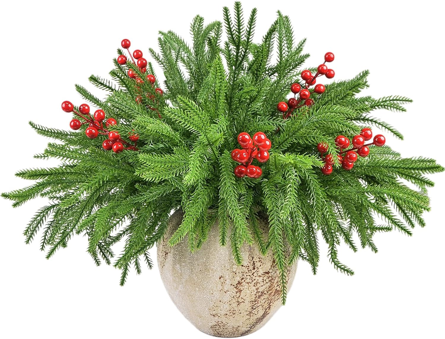 13PCS Artificial Norfolk Pine Branches with 5PCS Red Berry Stems, 18 Inch Real Touch Christmas Faux Fake Greenery Evergreen Pine Stems Picks for Vases DIY Craft Garland Table Xmas Home Decor