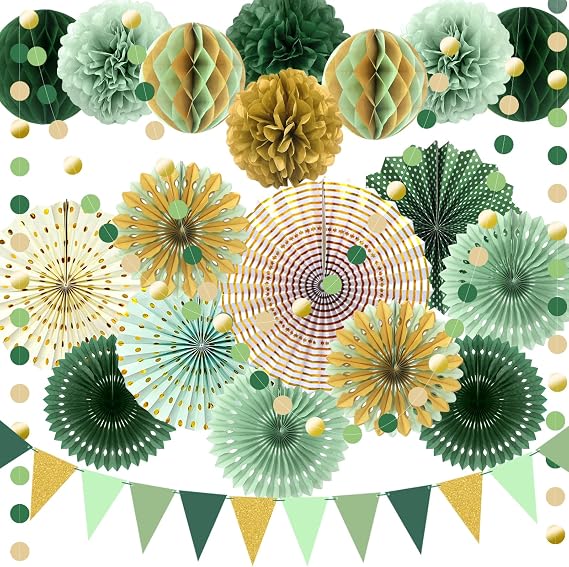 Sage Green Gold Party Decorations, Paper Fans Honeycomb Balls Circle Garlands for Graduation, Boho Gender Neutral Baby Shower, Olive Woodland Birthday, Bridal Shower Party Supplies, 20Pcs