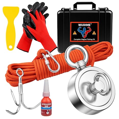 Strong Magnet Fishing Kit, 1000 Lbs Pulling Force Rare Earth Magnet with 65 FT Rope, Carabiner, Gloves, Grappling Hook and Carry Case for Retrieving in River and Magnetic Fishing