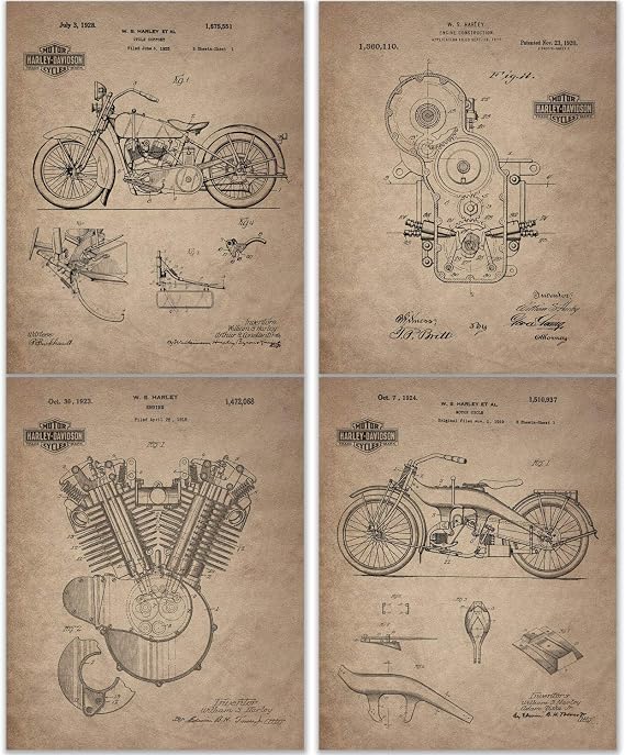 BigWig Prints Harley Davidson Patent Prints, Set of 4, 8x10 in | Features Vintage American Motorcycle Designs, Great Gift for Harley Riders, Perfect for Man Cave or Garage, Unframed