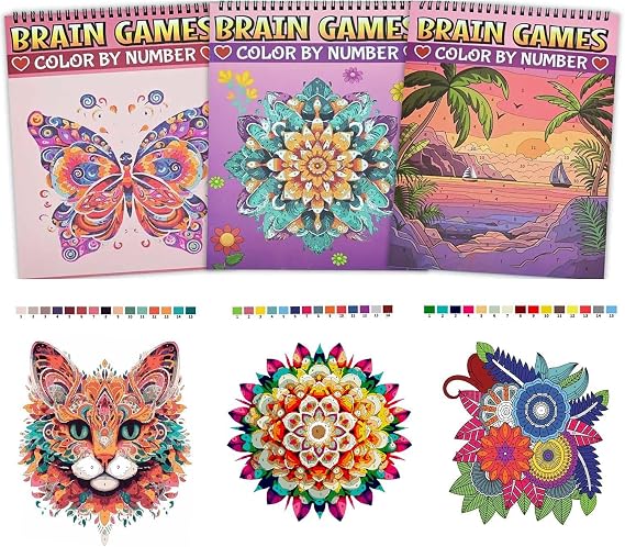 Bondream 3 Pack Color by Numbers Adult Coloring Books,Spiral Bound Coloring Books for Adult Women Relaxation,60 Unqiue Flowers Animals Nature Landscapes,Brain Game Color Book for Adults