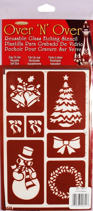 Over'N'Over Reusable Glass Etching Stencils Durable Self-Stick Designs for Glass, Mirrors, and Ceramics with Armour Etch Cream 5" x 8" Stencil Sheet - Christmas