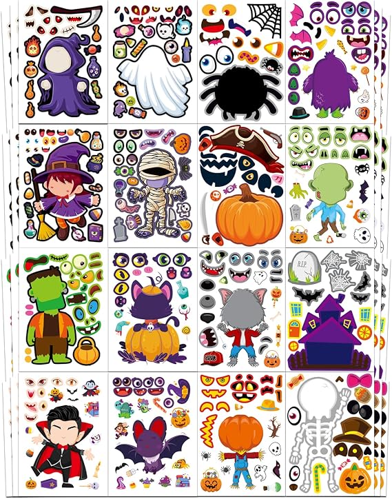 Aowplc 48 Halloween Make-a-Face Sticker Sheets for Kids, 16 Designs