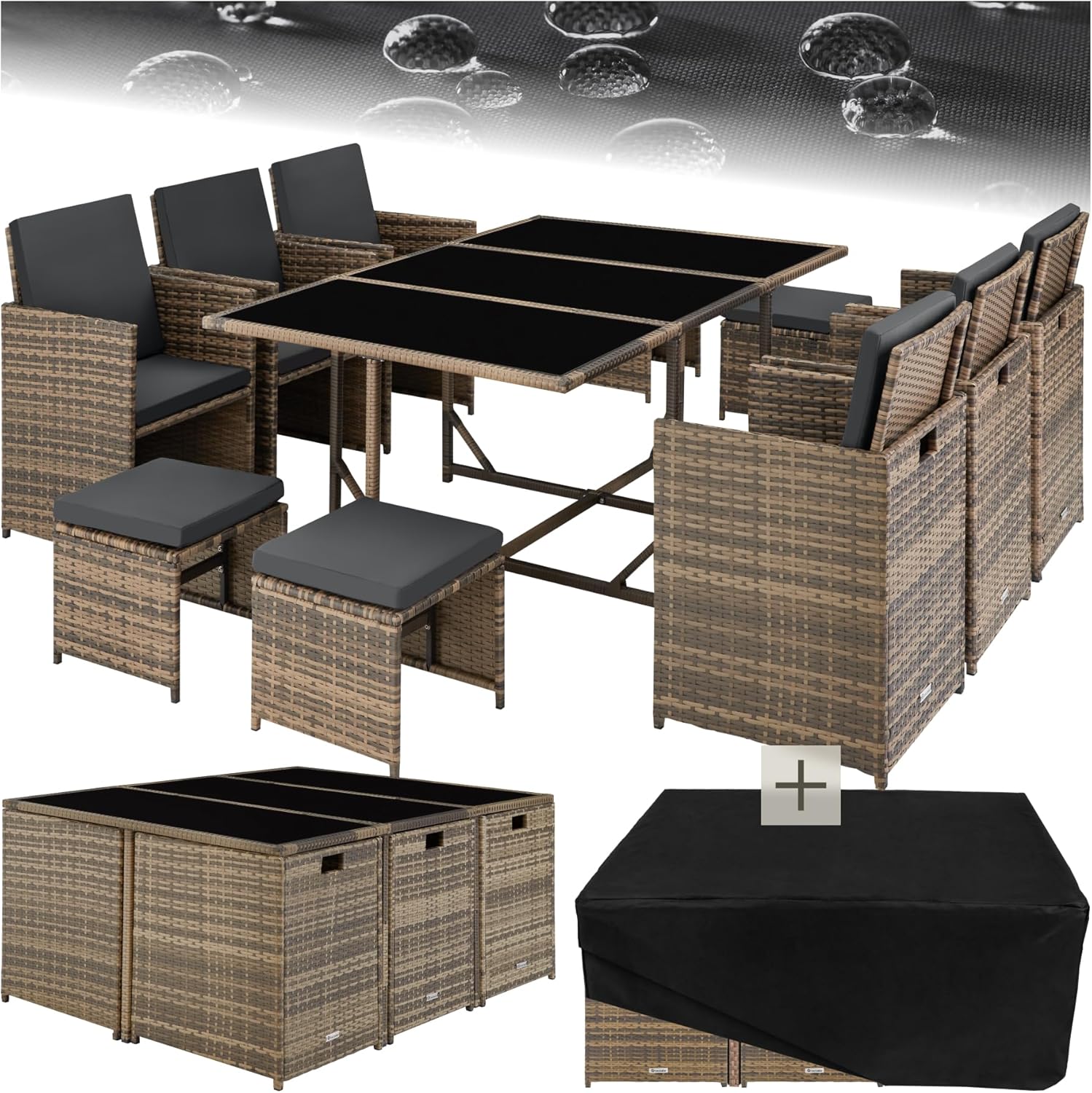tectake Outdoor Balcony Garden Furniture Set Lounge with 6 Chairs 4 Stools and 1 Table Poly Rattan Wicker Weatherproof Space-Saving - Natural