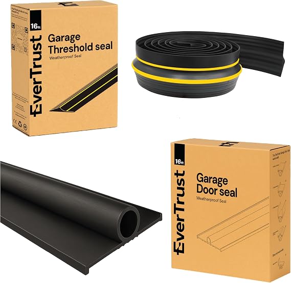 16ft Garage Door Bottom Seal with T-Ends & 16ft Garage Threshold Seal Weatherproofing Kit. Protect Your Garage from Weather, Drafts, and Dust